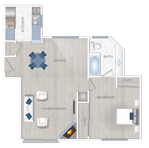 Floor plan for 1 bed, 1 bath, 712 sqft